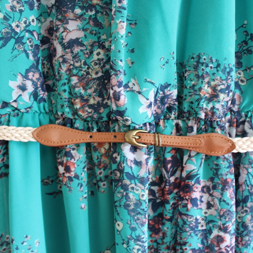 Teal Floral IZ Byer Belted Elastic Waist Dress - Picture 2 of 4